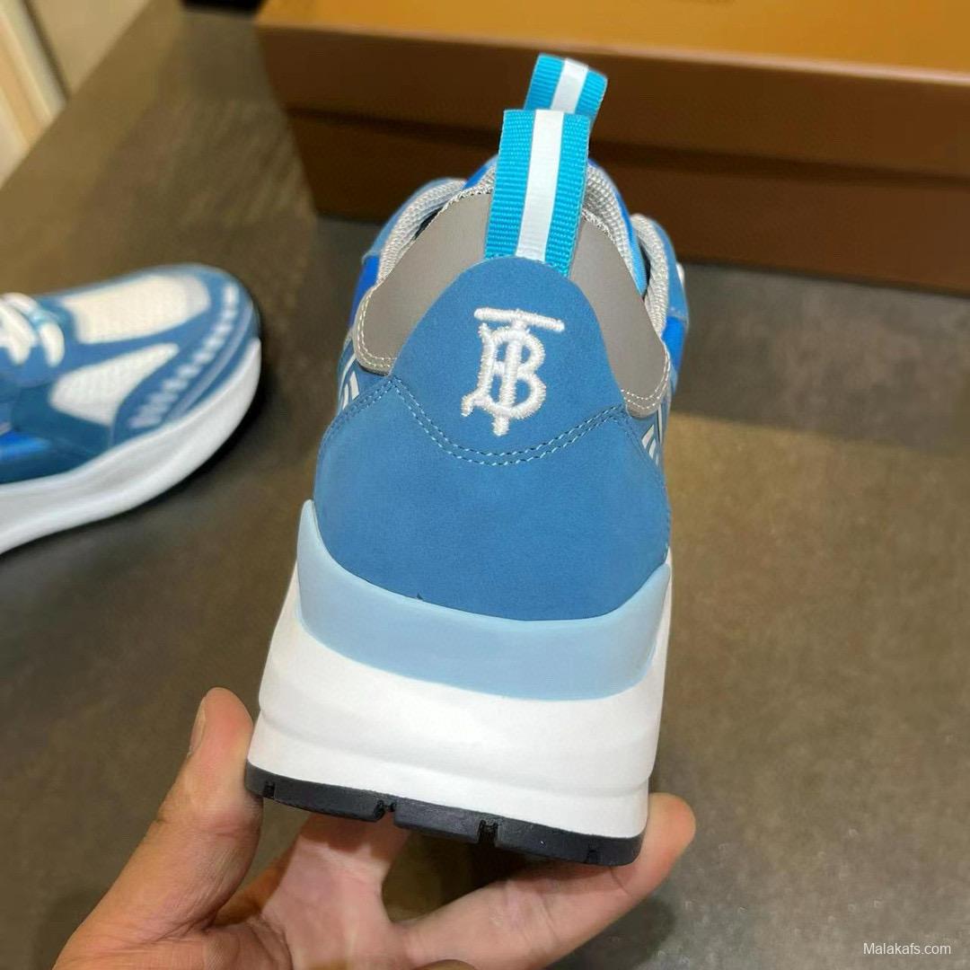 2025 Unisex Burberry Blue White Suede Leather Cotton Sneakers Retro Check MJ00380