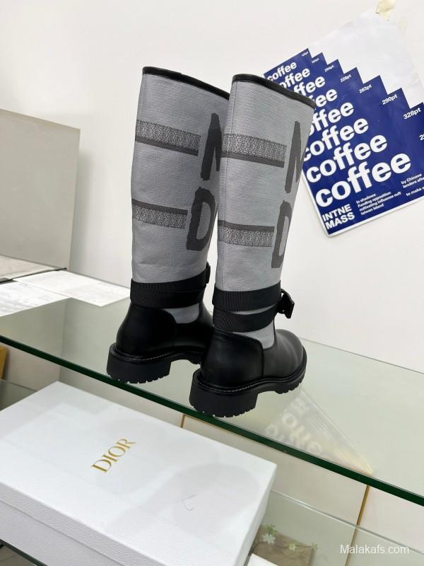 2024 Women Dior Black Grey Leather Fabric Knee High Boots