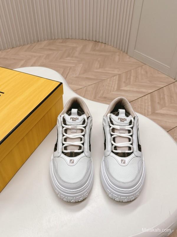 2024 Women Fendi White Beige Leather Sneakers
