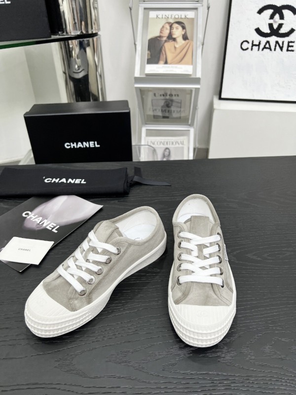 2025 Women Chanel Grey Canvas Leather Casual Sneakers LY00230