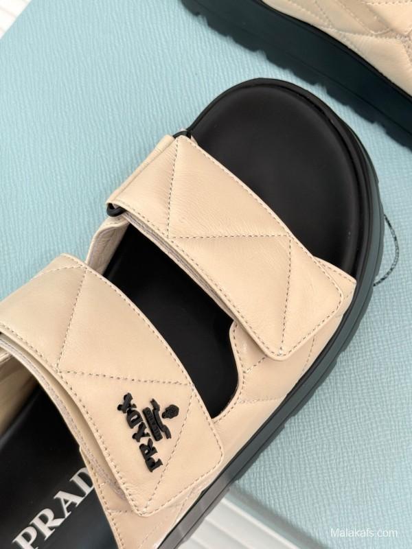 2025 Slippers Prada Beige Leather Magic Tape Platform Thick Sole