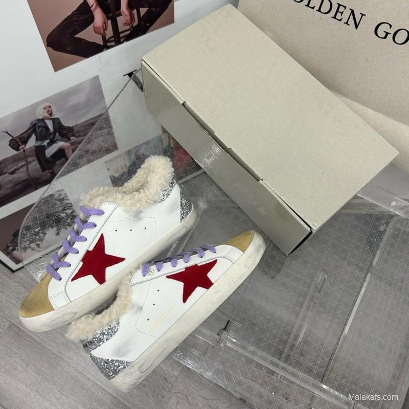 2025 Women GGDB White Red Shearling Leather Sneakers