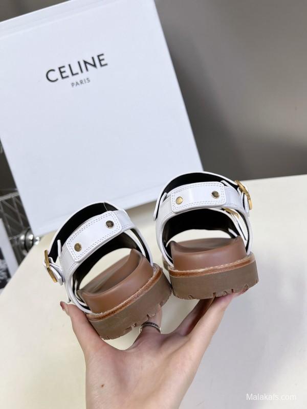 2025 Women Celine White Leather Sandals Buckle KFY00280