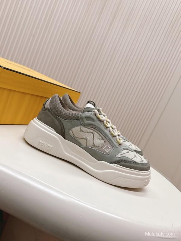 2025 Unisex Fendi Grey White Fabric Leather Plimsolls Mark Line