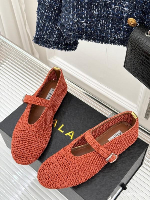 2025 Women AlAIA Orange Knitted Leather Mary Jane KFY00310