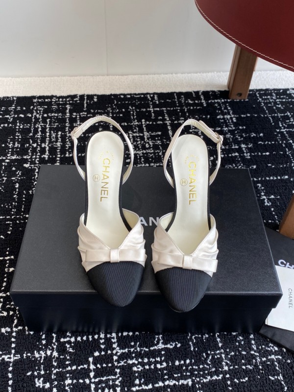 2025 Women Chanel Black White Satin Leather Slingback Heels
