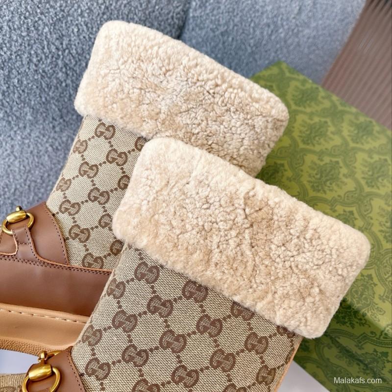 2024 Women Gucci beige brown leather shearling snow boots MJ00420