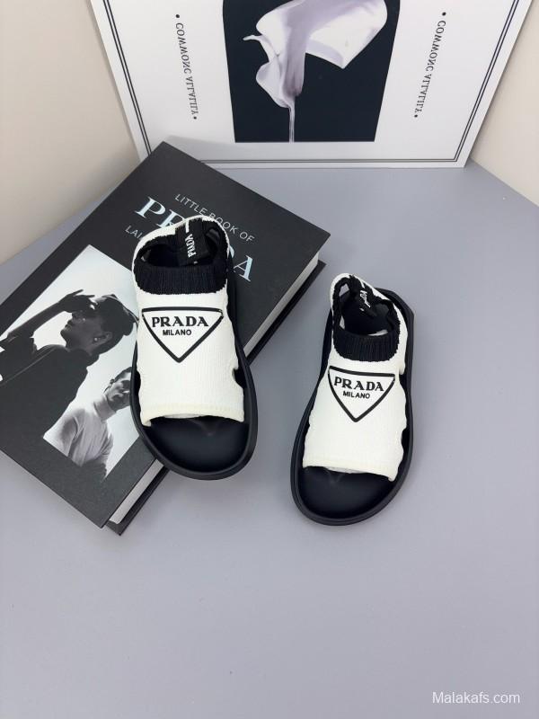2025 Kids PRADA Black White Fabric Sandals