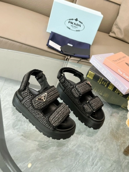 2025 Women Prada Black Woven Leather Platform Sandals LY00300