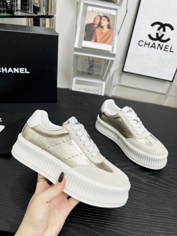2025 Women Chanel White Gold Leather Suede Sneakers LY00270