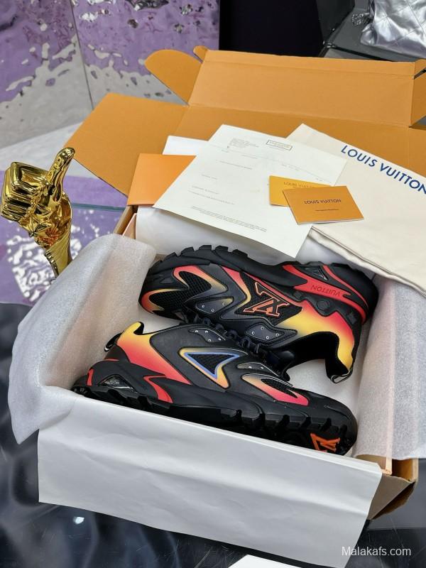 2025 Men Louis Vuitton Black Yellow Orange Mesh Leather Sneakers MJ00420