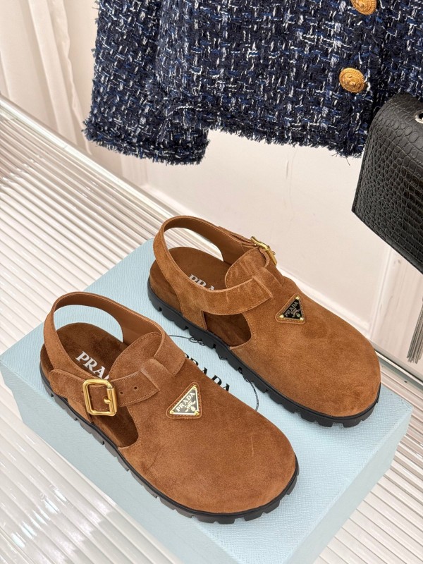 2025 Women Prada Brown Suede Sandals KFY00280
