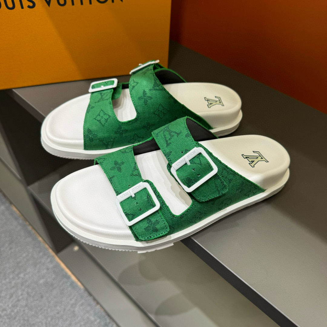 2024 Men Louis Vuitton Green Silk Leather Sandals MJ00210