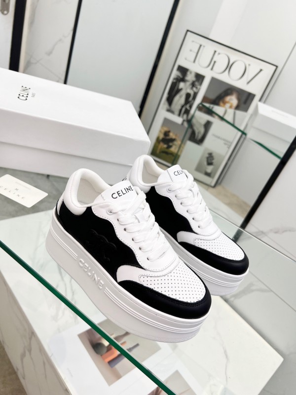 2025 Women Celine Black White Leather Platform Sneakers Block Triomphe LY00270