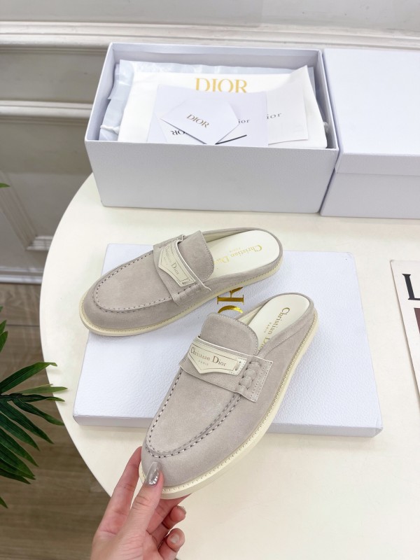 2025 Women Dior Beige Suede Mule Loafers Vintage Style Handmade LY00360(F)