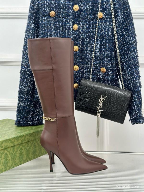 2024 Women Gucci brown leather boots chain MJ00550
