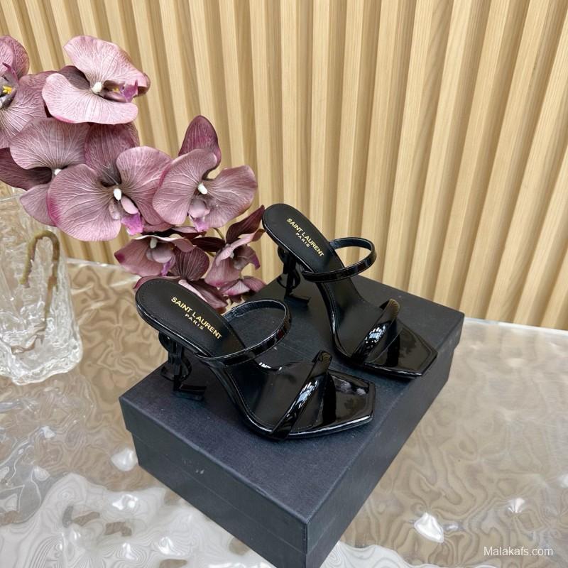 2025 Women Yves Saint Laurent Black Patent Leather High Heel Sandals MJ00310