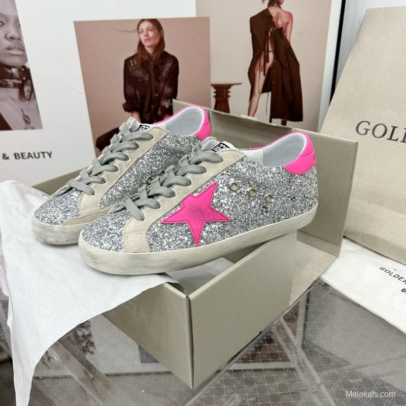 2024 Women GGDB Silver Pink Leather Suede Sneakers