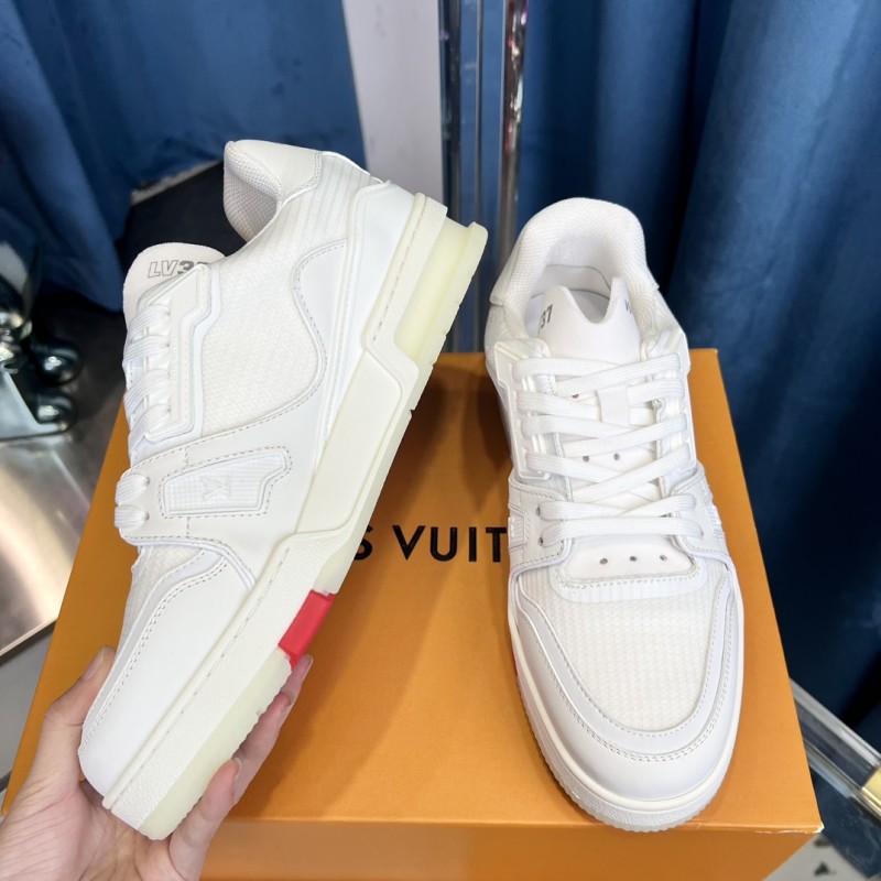 2025 Unisex Louis Vuitton White Calf Leather Mesh Trainer TPU Plimsolls Goodyear Welt