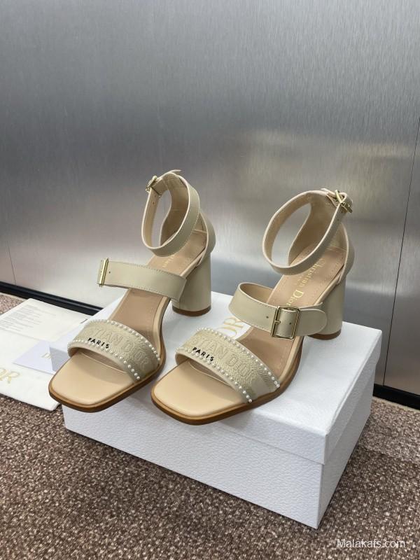 2025 Women Dior Beige Leather Sandals Ankle Strap KFY00320