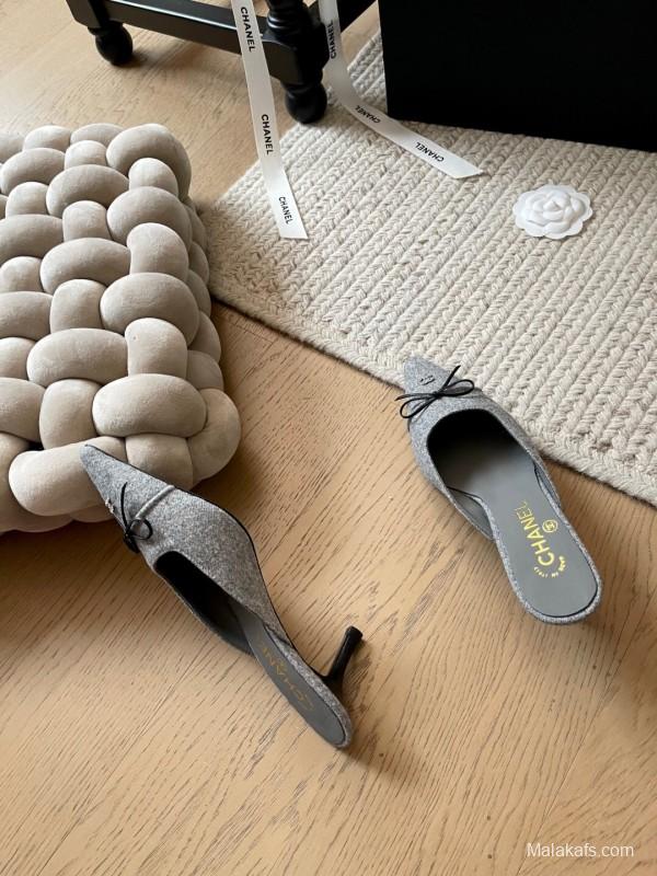 2025 Women Chanel Grey Fabric Pointed Toe Mules KFY00290