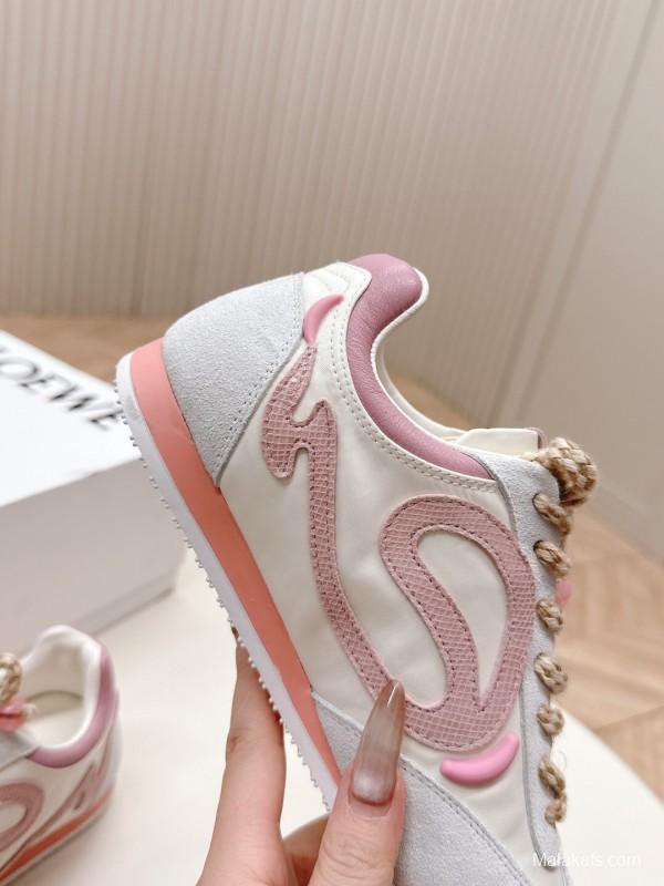 2025 Women Loewe Pink White Leather Balletrunner Ballet Sneakers KFY00300(F)