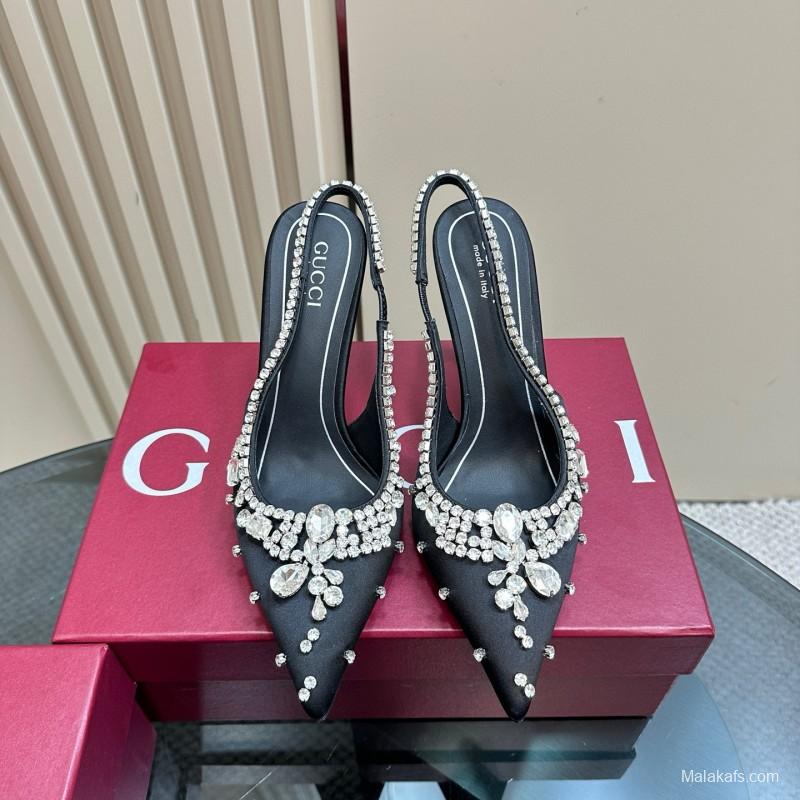 2025 Women Gucci Black Satin Slingback Heels Rhinestone MJ00340