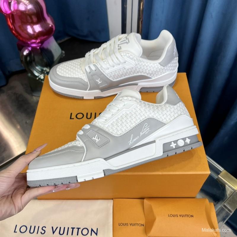 2025 Unisex Louis Vuitton White Grey Leather Fabric LV Trainer