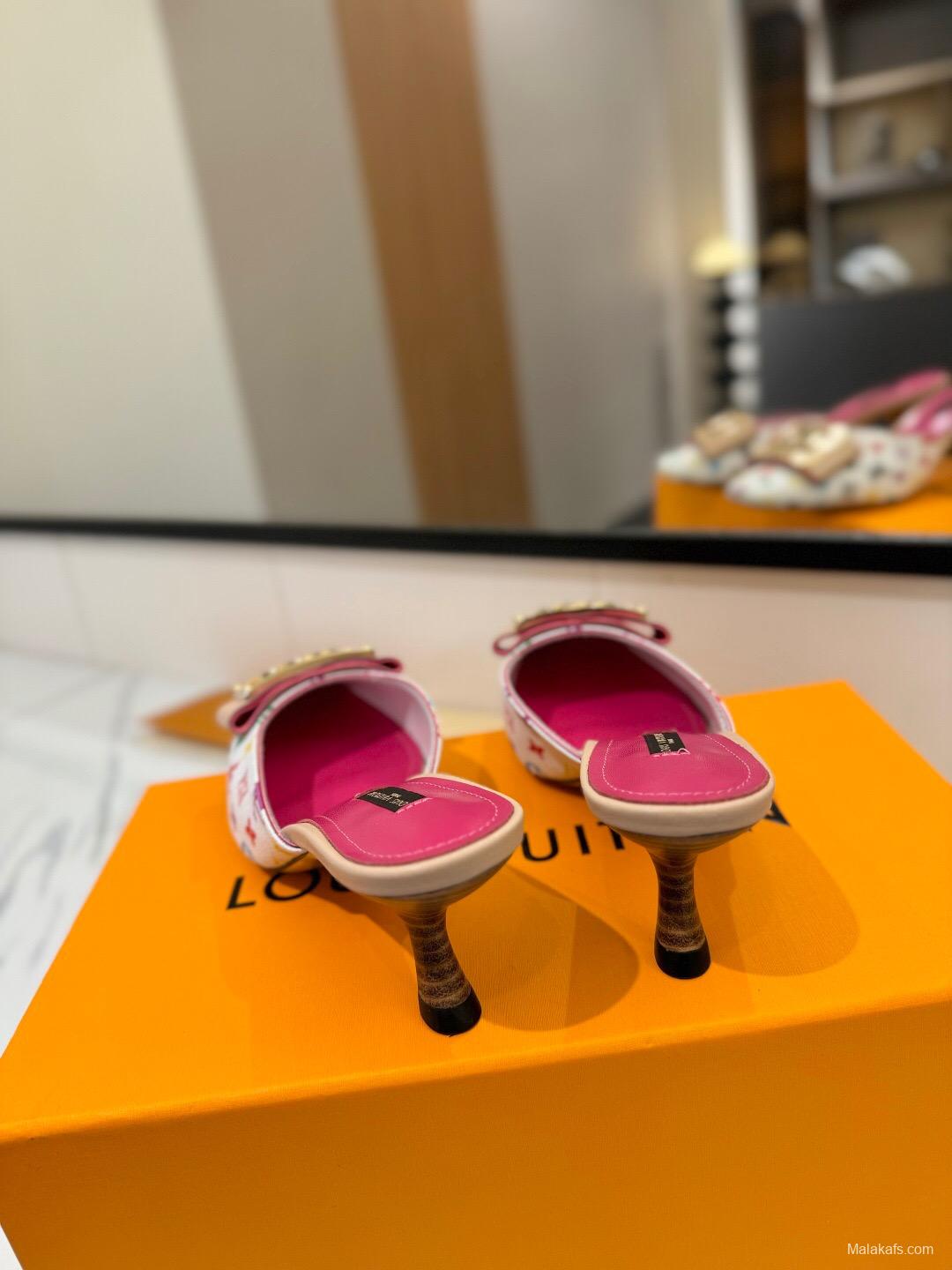 2025 Women Louis Vuitton White Pink Leather Mules