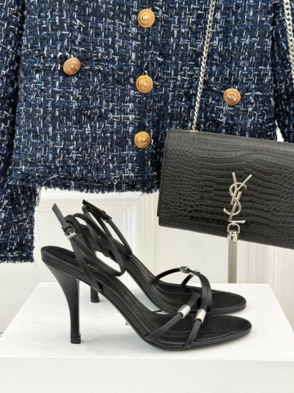 2025 Women Yves Saint Laurent Black Leather High Heel Sandals KFY00270