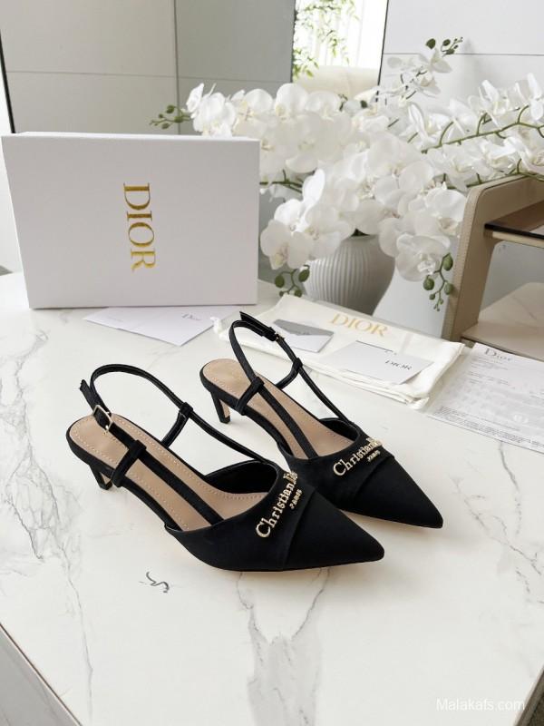 2025 Women Dior Black Fabric Slingback Kitten Heel