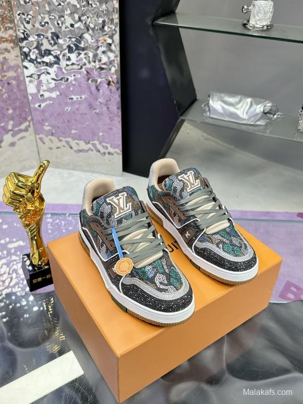 2025 Unisex Louis Vuitton Blue Grey Black Leather Fabric Sneakers Handcrafted Crystals AS00400