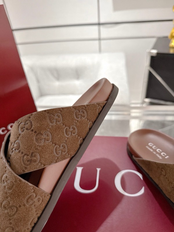 2025 Women Gucci Brown Suede Slippers GG Embossed AS00240