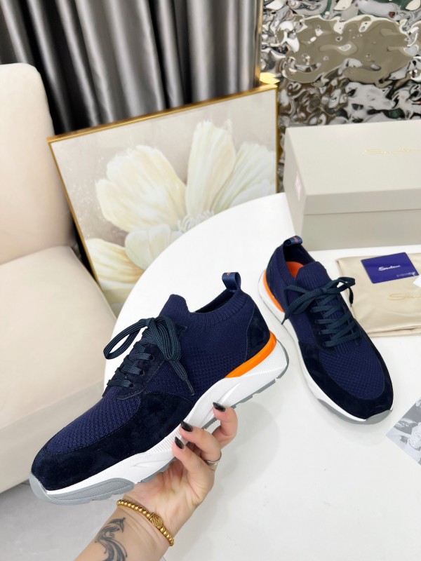 2025 Unisex Santoni Navy Orange Wool Knit Leather Sneakers AS00320
