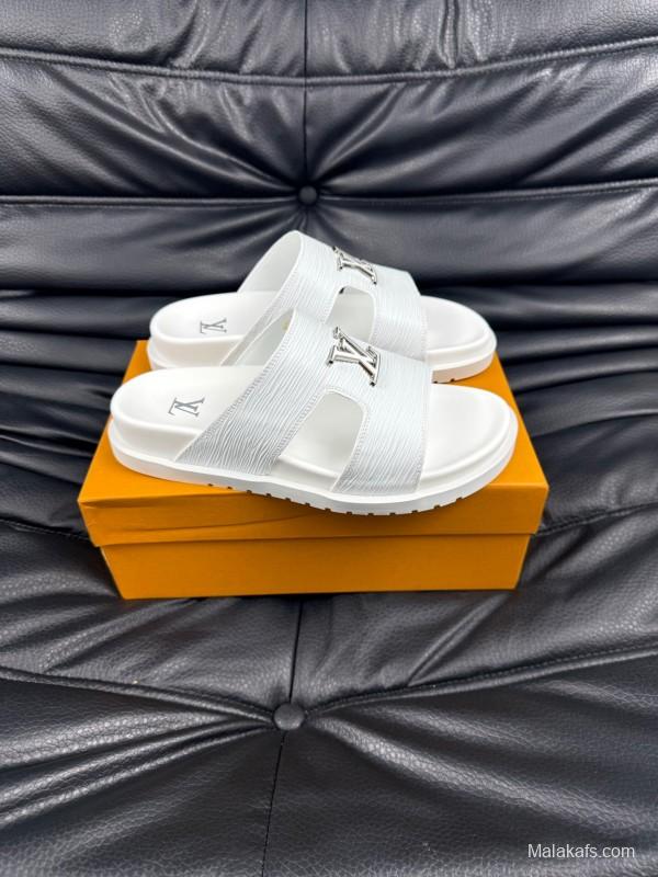 2025 Men Louis Vuitton White Leather Slippers AS00170