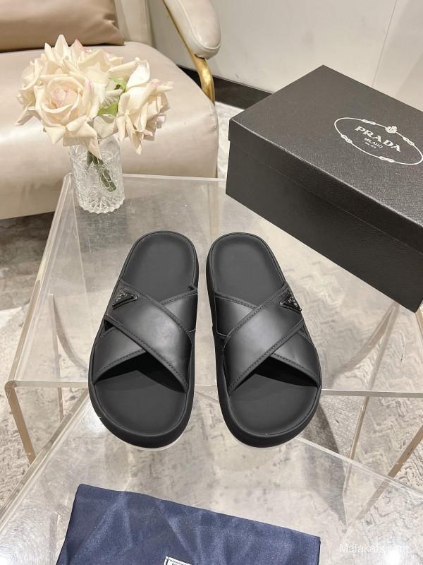 2025 Men Prada Black Leather Sandals KFY00220