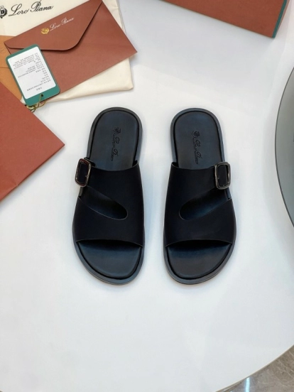 2025 Men Loro Piana Black Leather Slippers Buckle AS00250