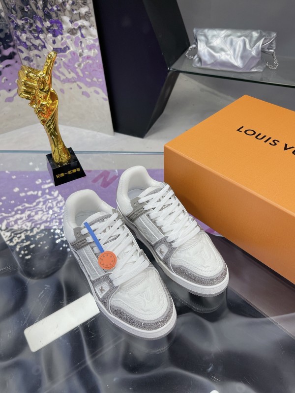 2025 Unisex Louis Vuitton White Silver Leather Fabric Plimsolls Handcrafted Crystals AS00400