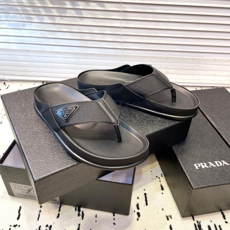 2025 Men Prada Black Fabric Leather Sandals Logo KFY00230