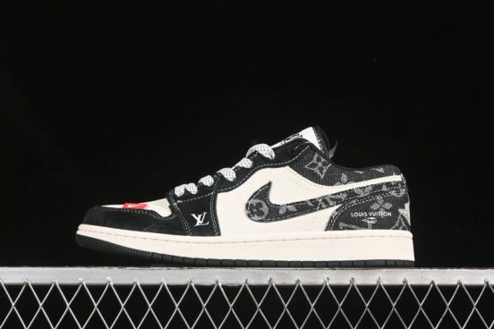 Nike Air Jordan 1 Low AJ1 LV Collaboration Black Fabric Red Label High-End Custom Low-Top Retro Basketball Shoes - YX5066-369