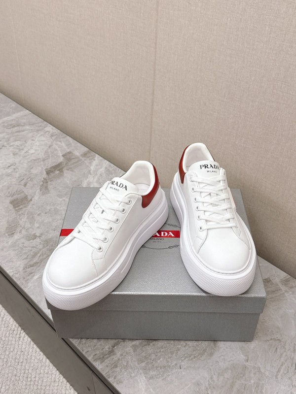2025 Unisex Prada White Red Calf Leather Sneakers KFY00290