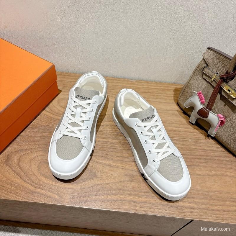 2025 Unisex Hermès White Light Grey Leather Fabric Sneakers AS00380
