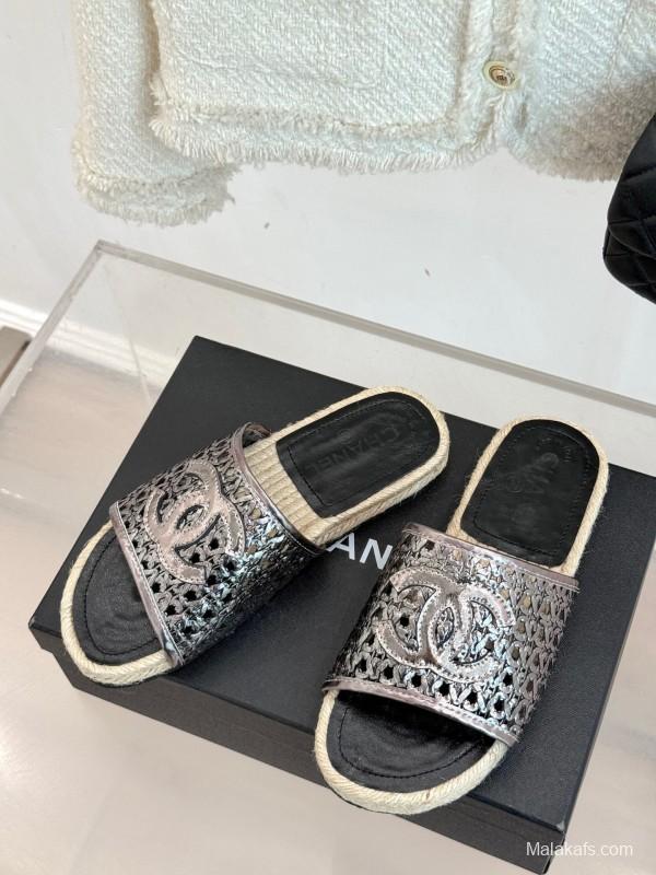 2025 Women Chanel Black Metallic Leather Slippers Hollow Weave KFY00240