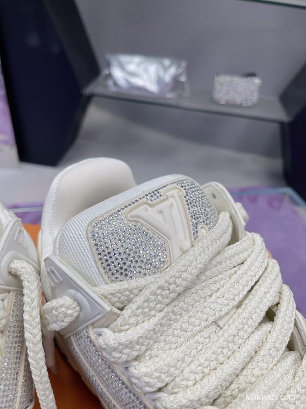 2025 Unisex Louis Vuitton White Crystal Leather Plimsolls Bing Bing AS00420