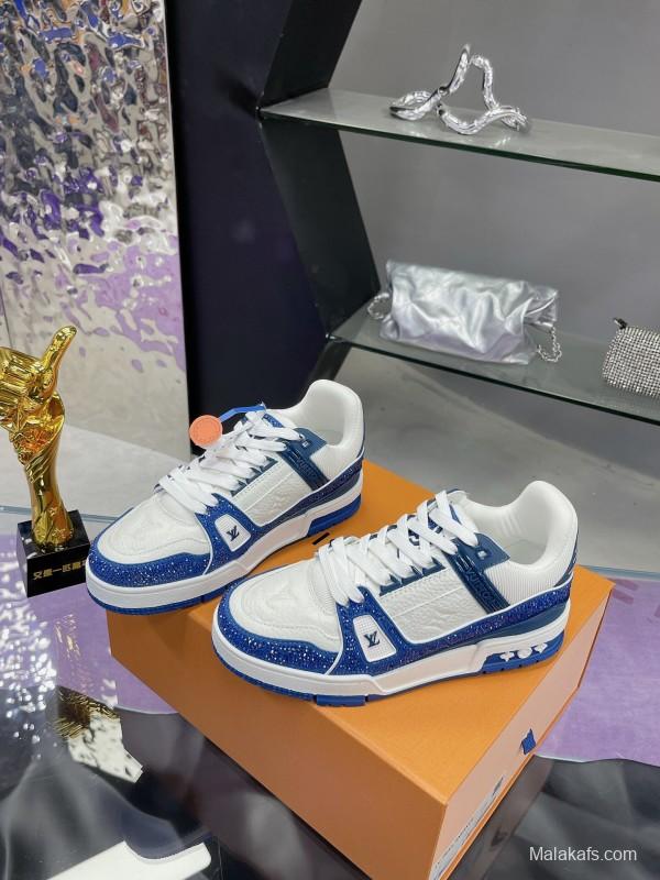 2025 Unisex Louis Vuitton Blue White Leather Plimsolls Handcrafted Beaded AS00400