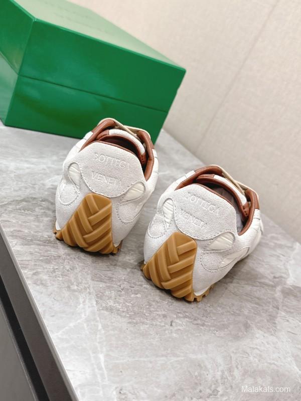 2025 Unisex Bottega Veneta White Nylon Suede Sneakers Woven Pattern KFY00290