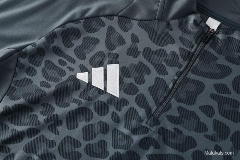 2025 Adidas Dark Grey & Black with Leopard Print Pattern and Orange Accents Half Zipper Jacket +Long Pants