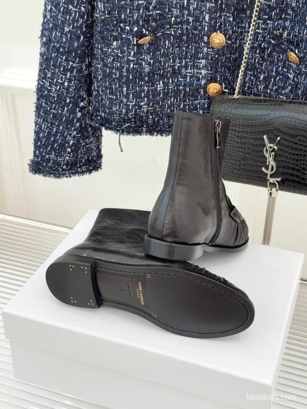 Saint Laurent YSL Letter Loaf Short Boots with Pleated Trim - KFY00430