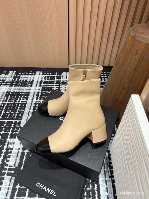 Chanel 2025/SS Quilted Patent Leather Block Heel Elastic Ankle Boots - LY00350
