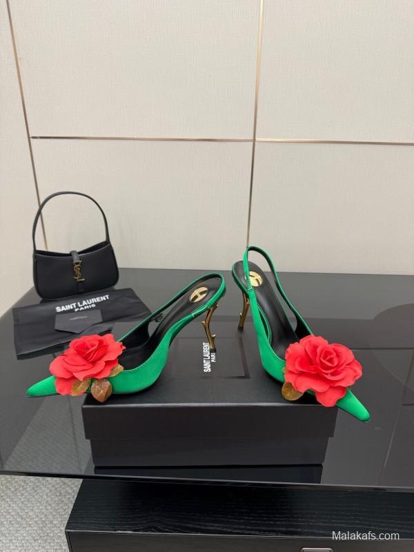 Saint Laurent 2025 Spring/Summer Rose Thorn High Heels with Sculptural Gold Heel - KFY00320